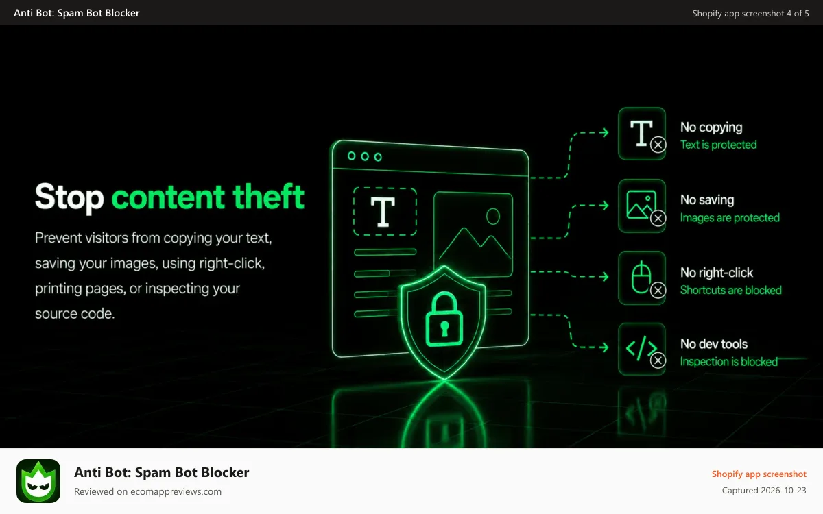 Anti Bot: Spam Bot Blocker Shopify app screenshot: Stop content theft