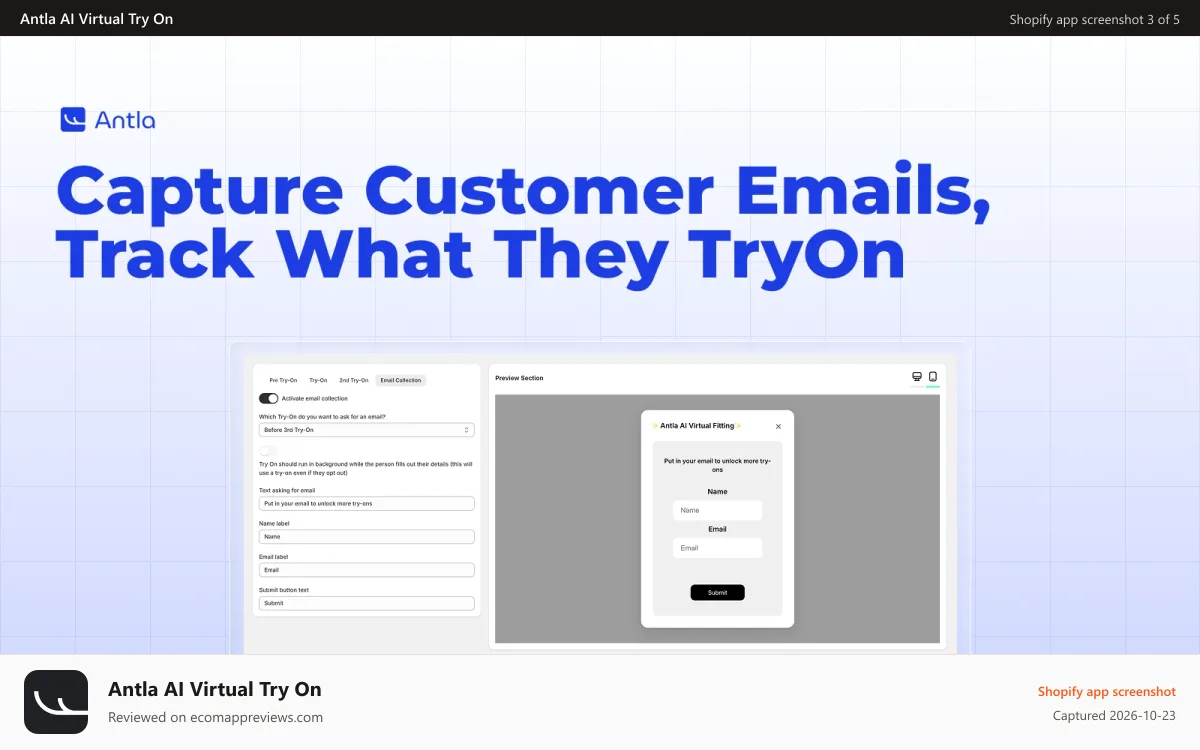 Antla AI Virtual Try On Shopify app screenshot: Get emails from customers as they try outfits on