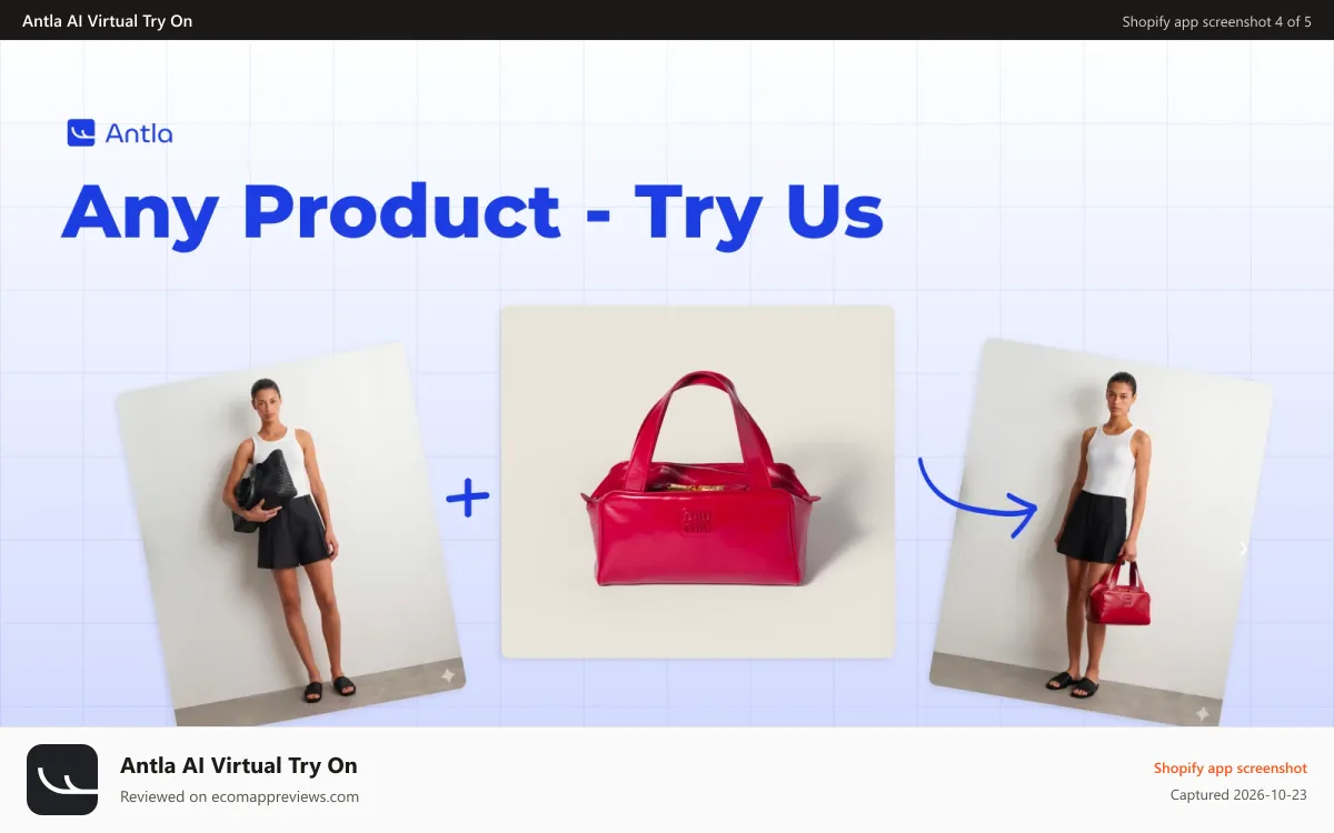 Antla AI Virtual Try On Shopify app screenshot: Antla works with any product. Clothing, eyewear, handbags