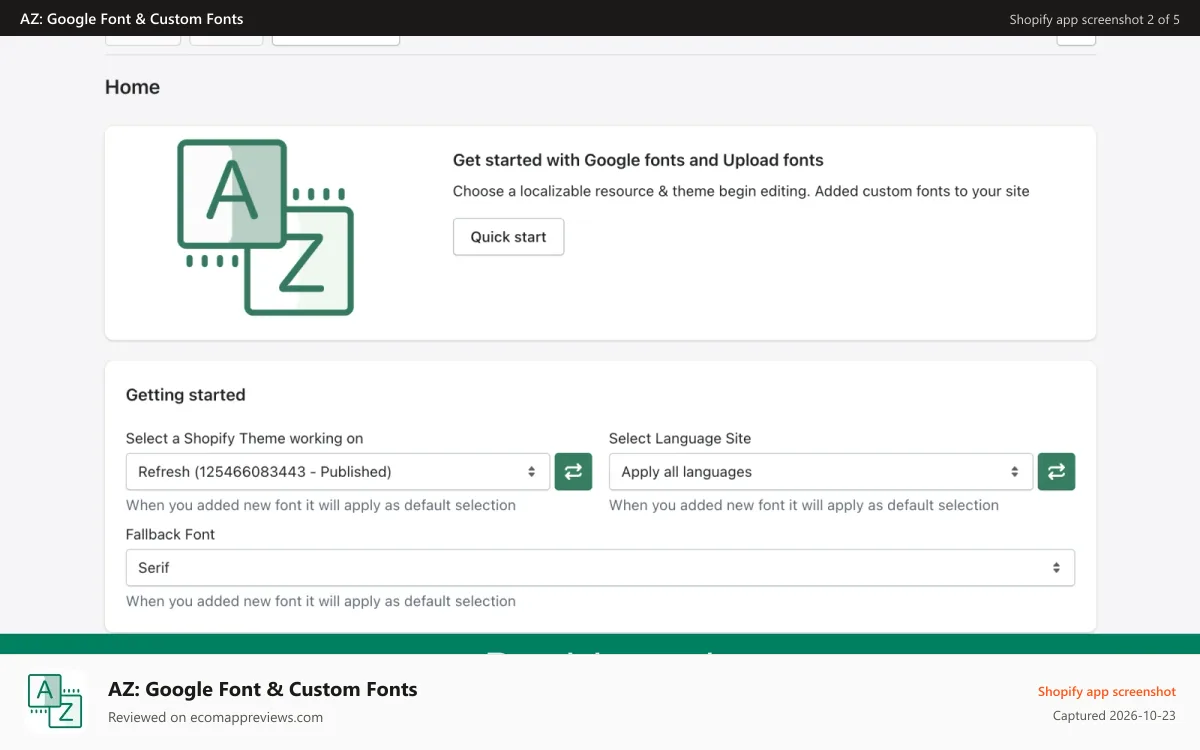 AZ: Google Font & Custom Fonts Shopify app screenshot: AnyFont Dashboard