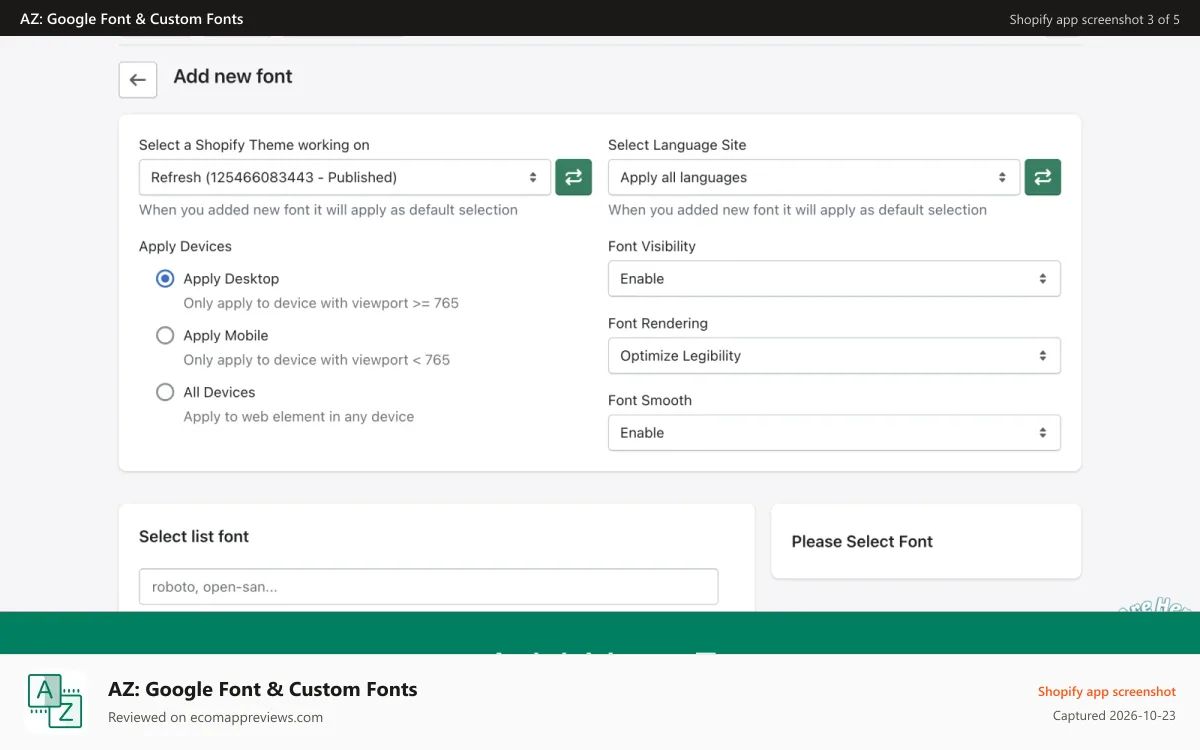 AZ: Google Font & Custom Fonts Shopify app screenshot: Add New Font