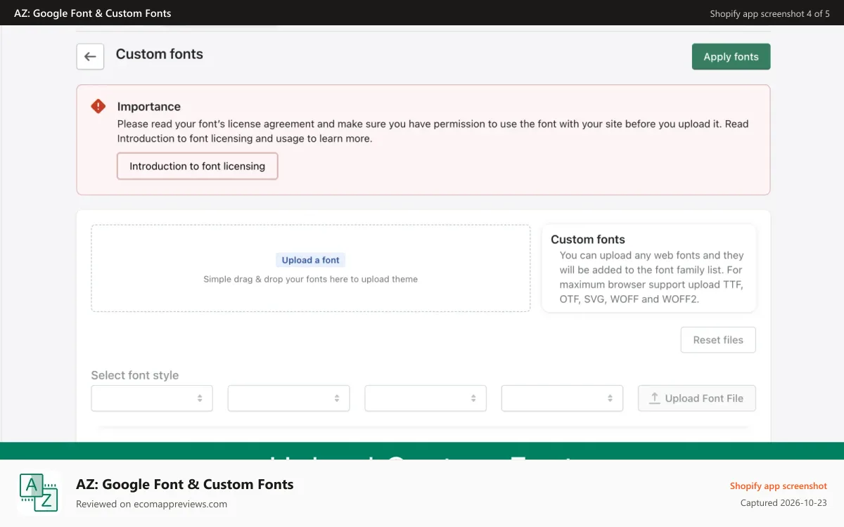 AZ: Google Font & Custom Fonts Shopify app screenshot: Upload Custom Font
