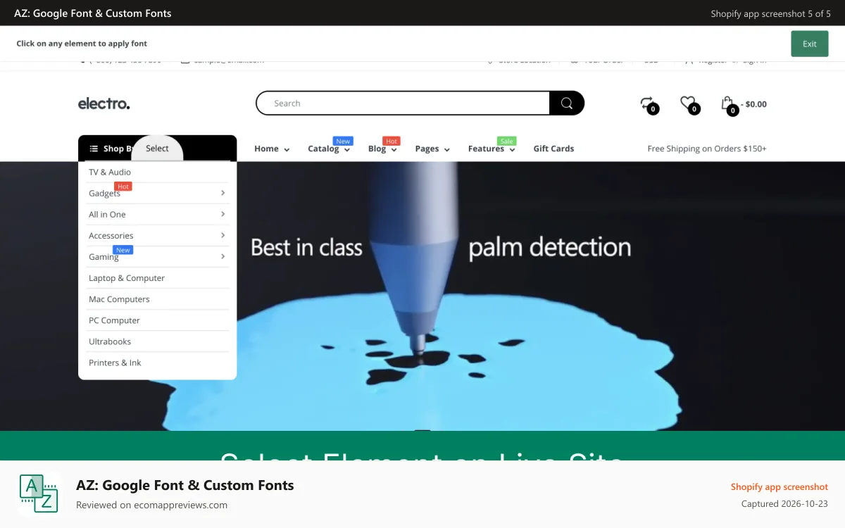 AZ: Google Font & Custom Fonts Shopify app screenshot: Select Element on storefront