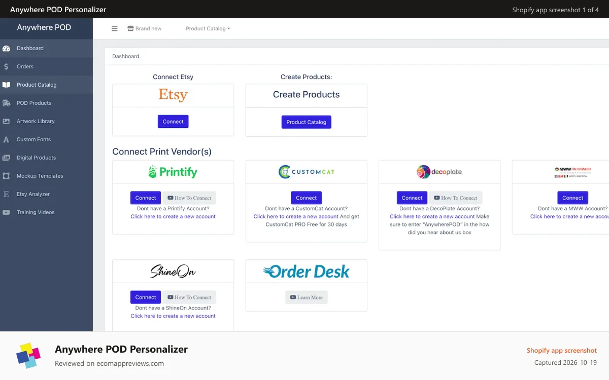 Anywhere POD Personalizer Shopify app screenshot: Connect to your favorite Print Providers