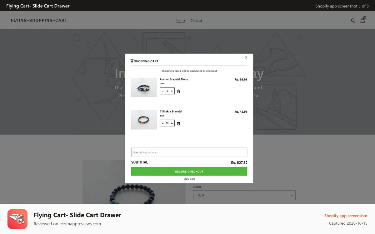 Flying Cart‑ Slide Cart Drawer Shopify app screenshot: flycart popup