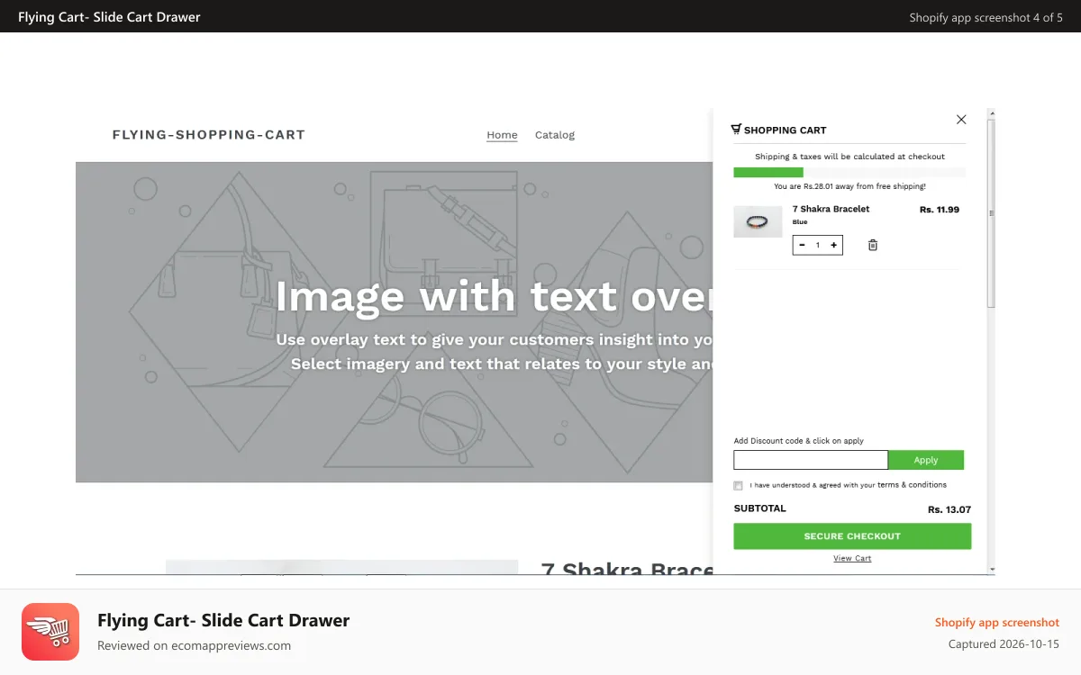 Flying Cart‑ Slide Cart Drawer Shopify app screenshot: Shipping bar + Apply Coupon & Agree Terms