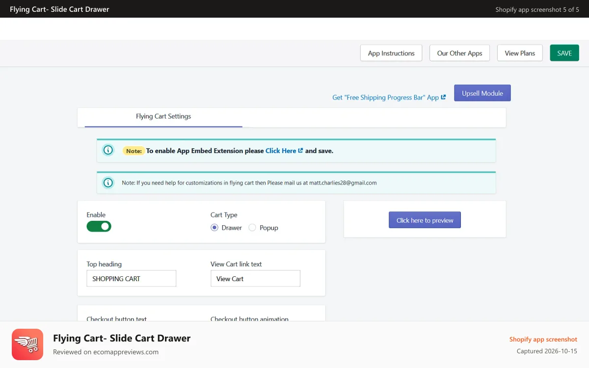 Flying Cart‑ Slide Cart Drawer Shopify app screenshot: App admin