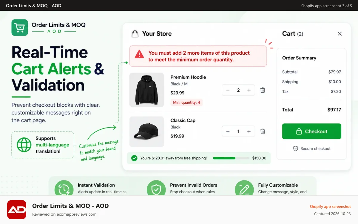 Order Limits & MOQ ‑ AOD Shopify app screenshot: Order Limit MOQ