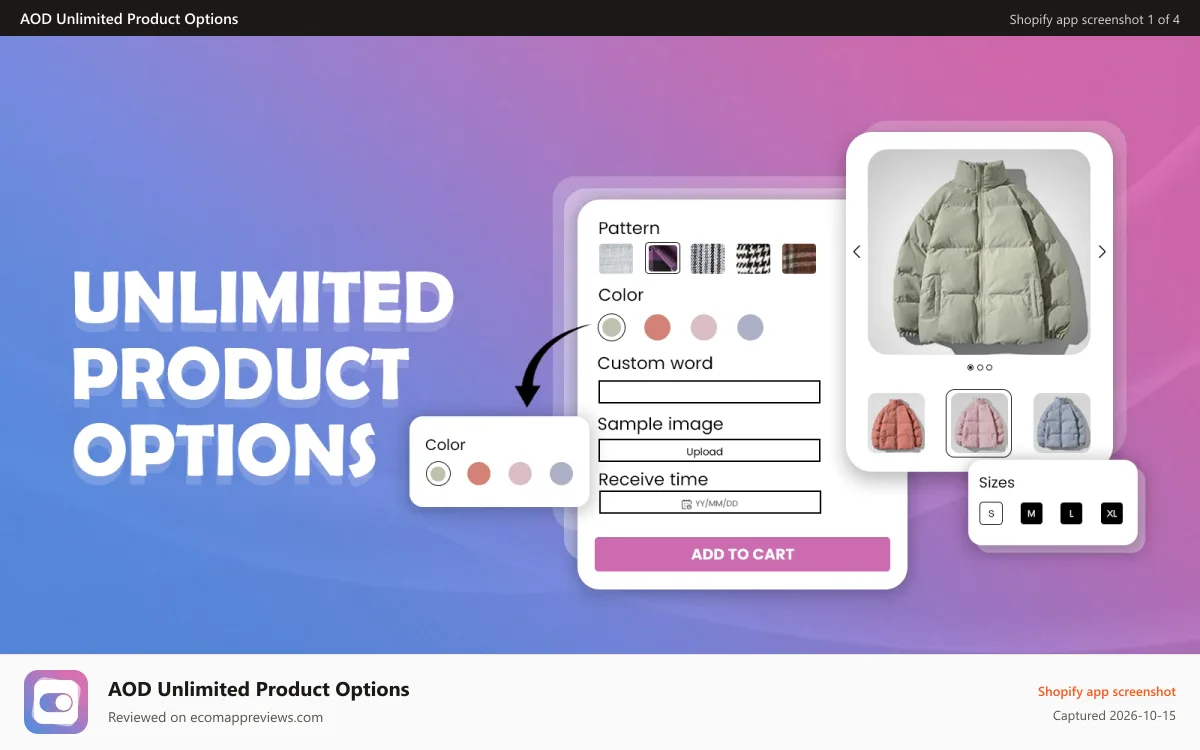 AOD Unlimited Product Options Shopify app screenshot: Product options