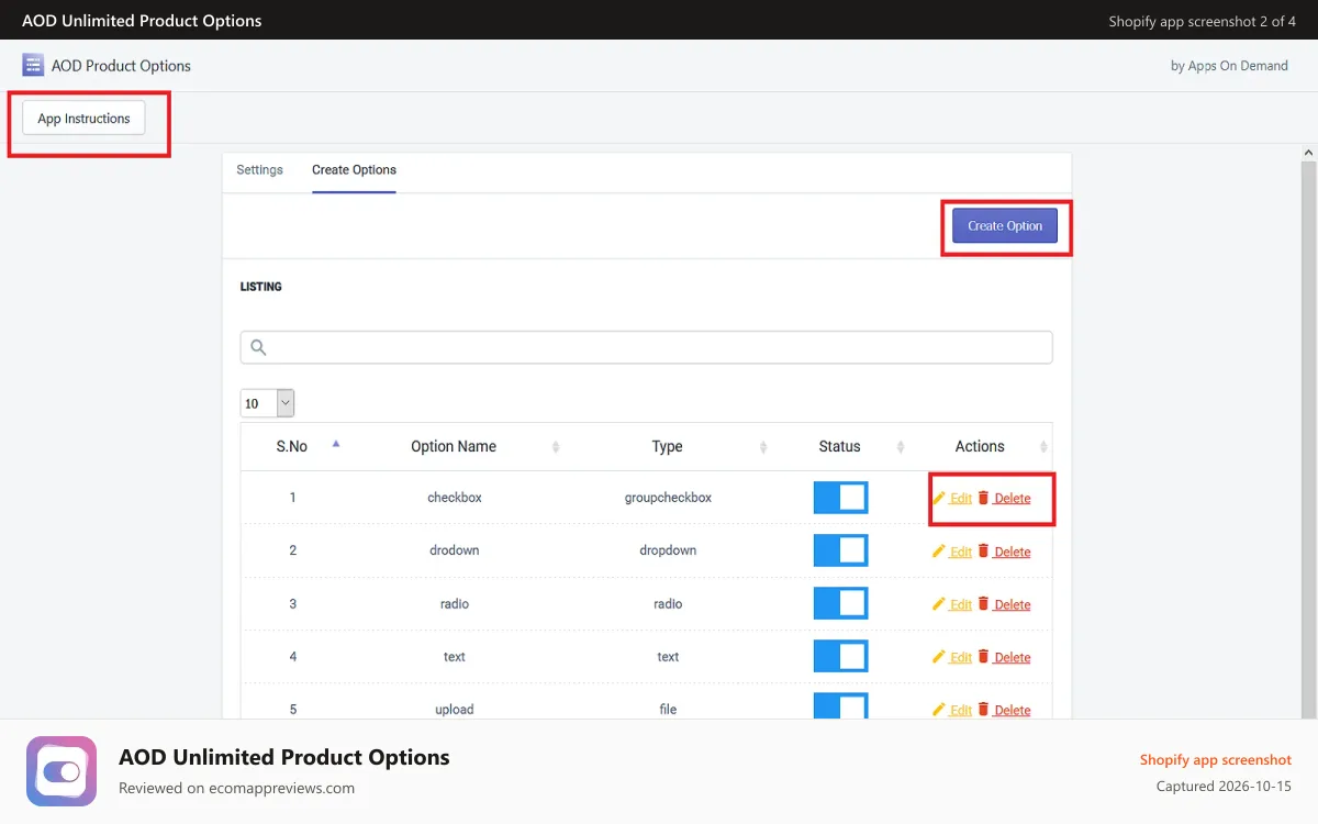 AOD Unlimited Product Options Shopify app screenshot: App Admin