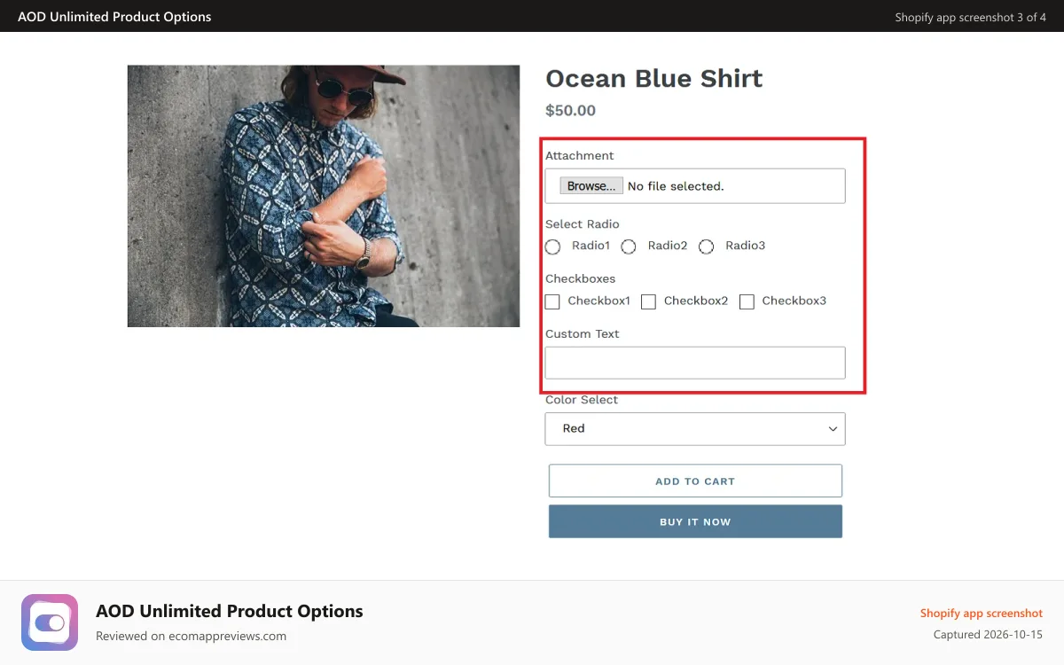 AOD Unlimited Product Options Shopify app screenshot: Product page options