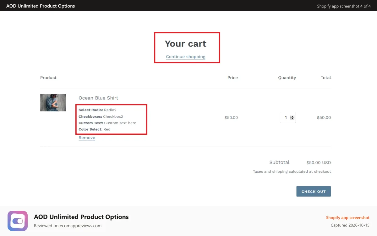 AOD Unlimited Product Options Shopify app screenshot: Cart page options