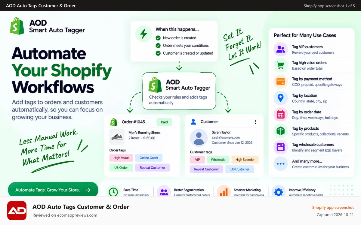 AOD Auto Tags Customer & Order Shopify app screenshot: Auto tager