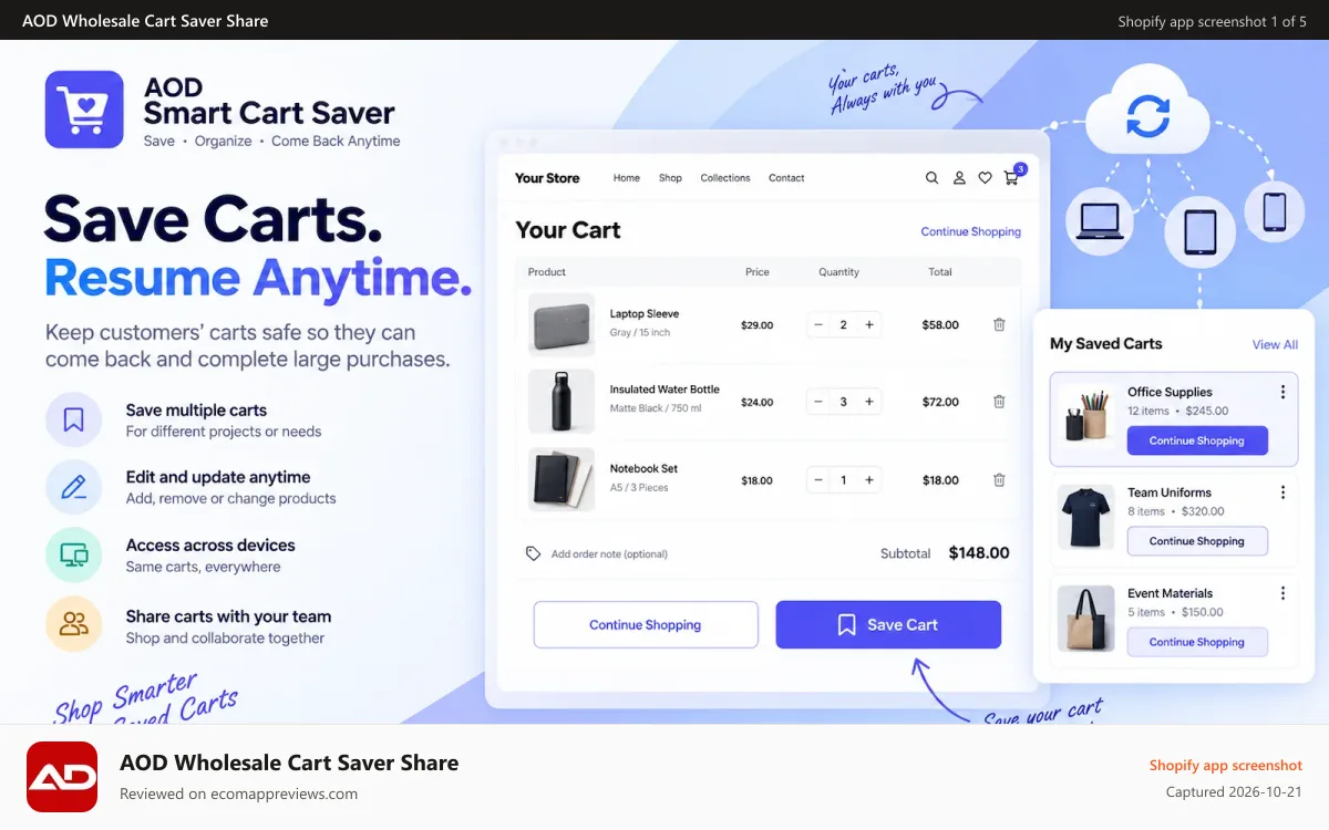 AOD Wholesale Cart Saver Share Shopify app screenshot: Wholesale Cart
