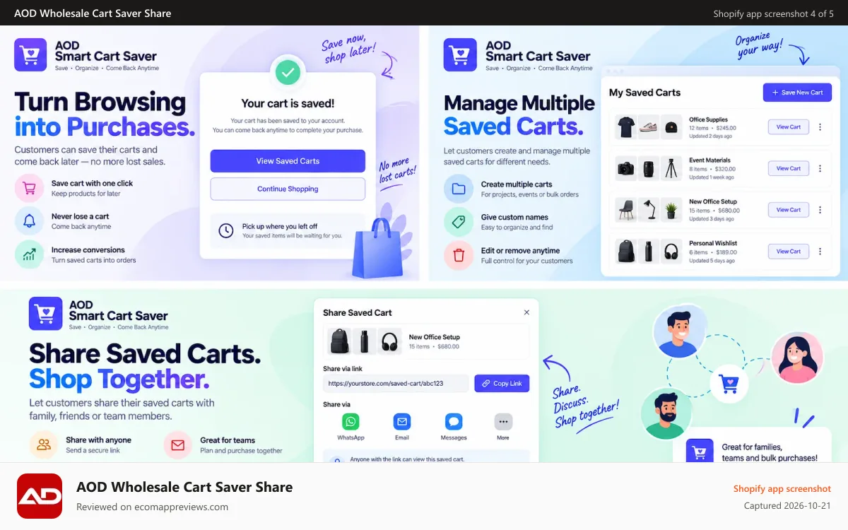 AOD Wholesale Cart Saver Share Shopify app screenshot: cart saver
