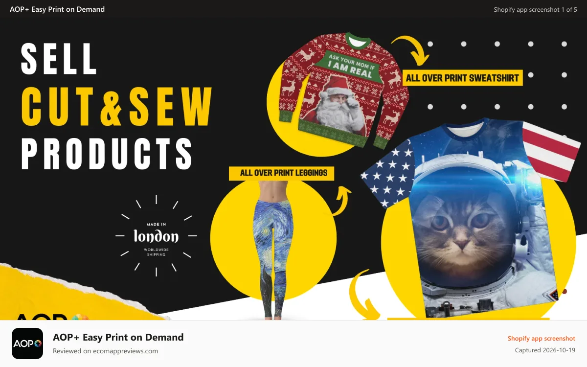AOP+ Easy Print on Demand Shopify app screenshot: Sell Cut & Sew Products Made in London.