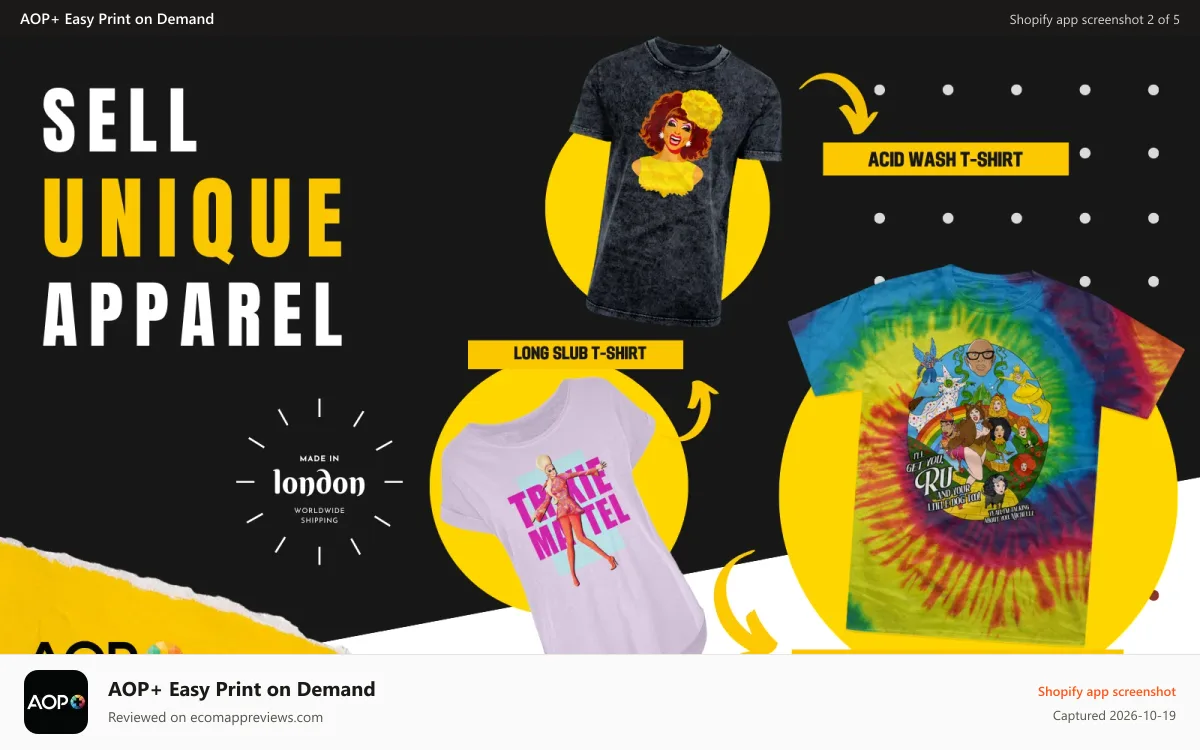 AOP+ Easy Print on Demand Shopify app screenshot: Sell Unique Organic Apparel in Your Store.