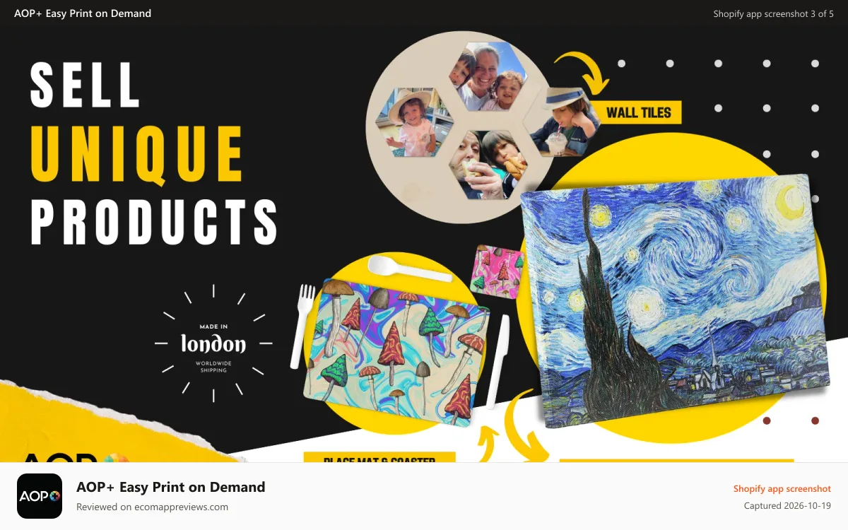 AOP+ Easy Print on Demand Shopify app screenshot: Think Out Of The Box. Sell Unique Products.