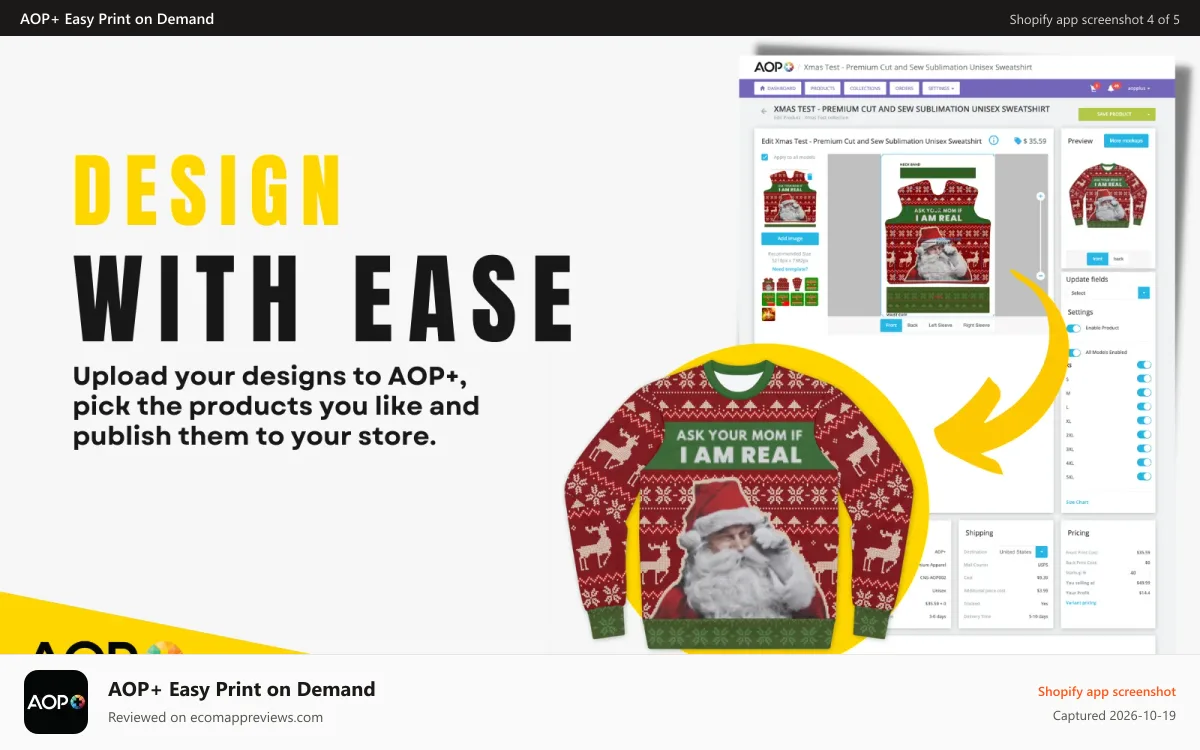 AOP+ Easy Print on Demand Shopify app screenshot: Design With Ease. No Need To Be Expert.