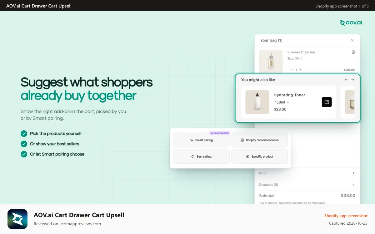 AOV.ai Cart Drawer Cart Upsell Shopify app screenshot: Cart drawer suggesting a product under You might also like
