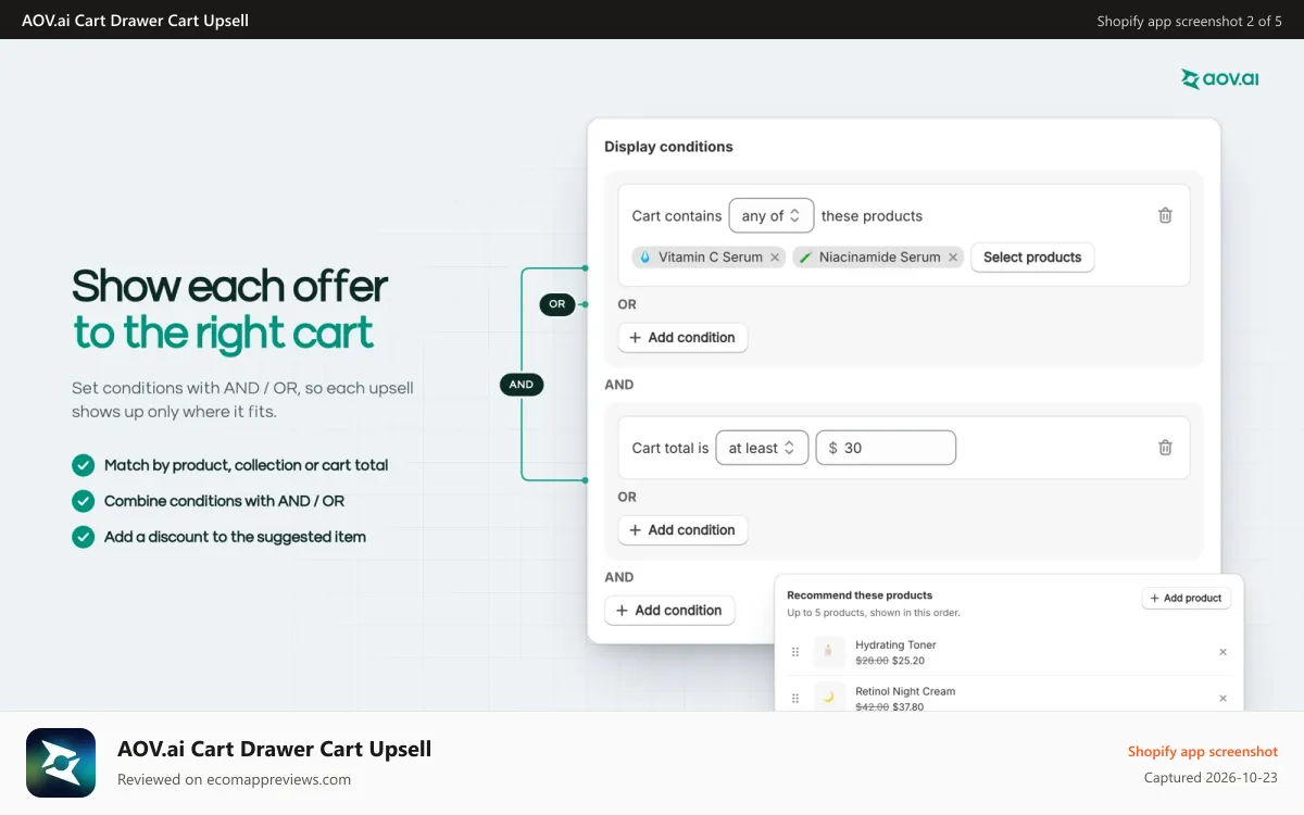 AOV.ai Cart Drawer Cart Upsell Shopify app screenshot: Display conditions combining products and cart total with AND