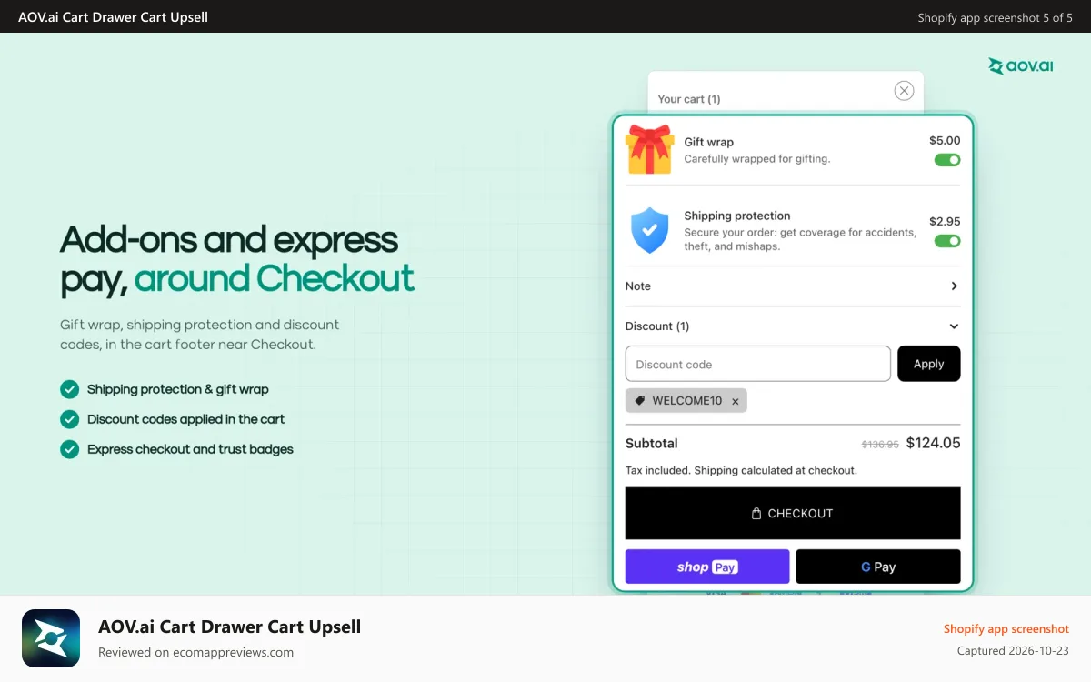 AOV.ai Cart Drawer Cart Upsell Shopify app screenshot: Cart footer with gift wrap, discount code and express checkout