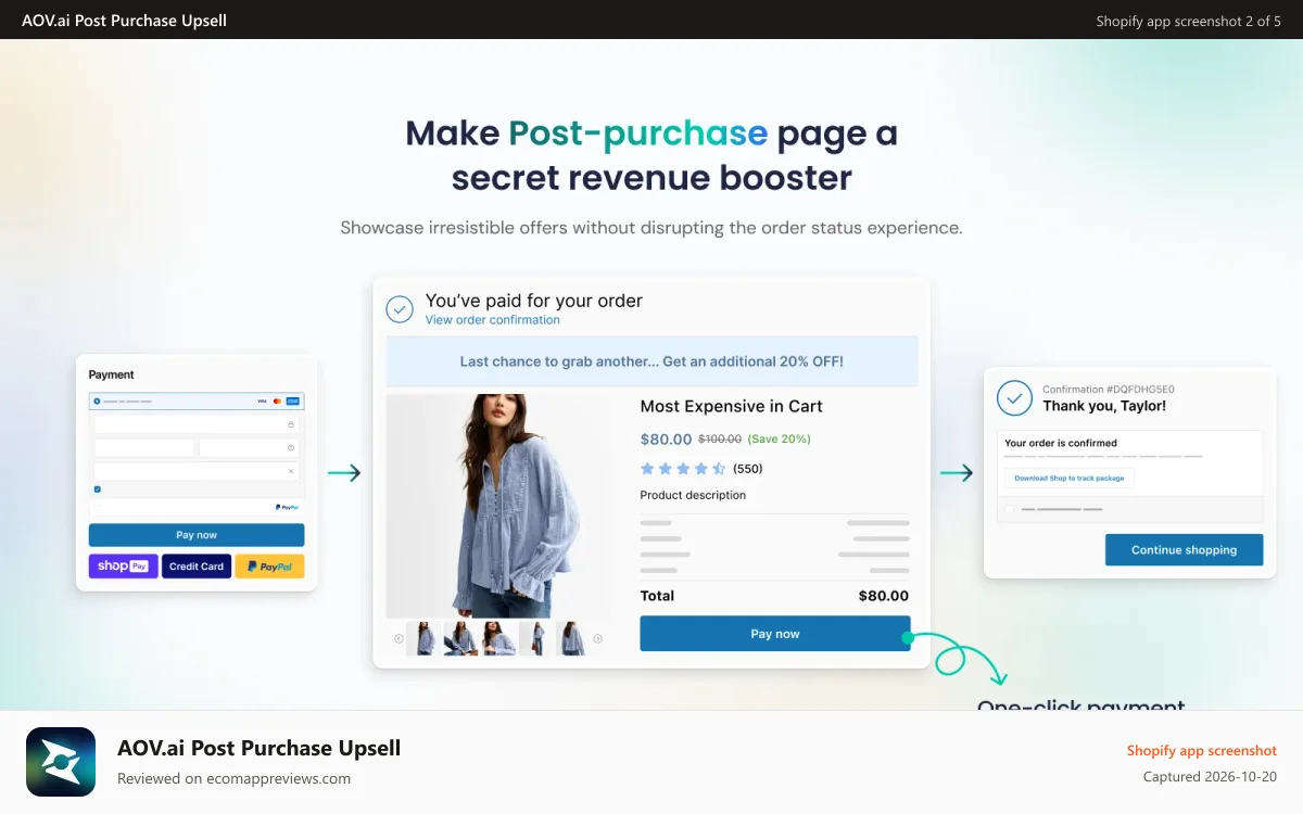 AOV.ai Post Purchase Upsell Shopify app screenshot: Checkout page