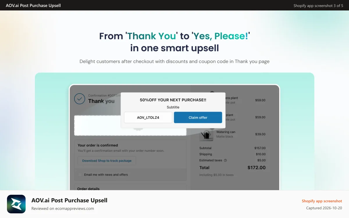 AOV.ai Post Purchase Upsell Shopify app screenshot: Thank you page