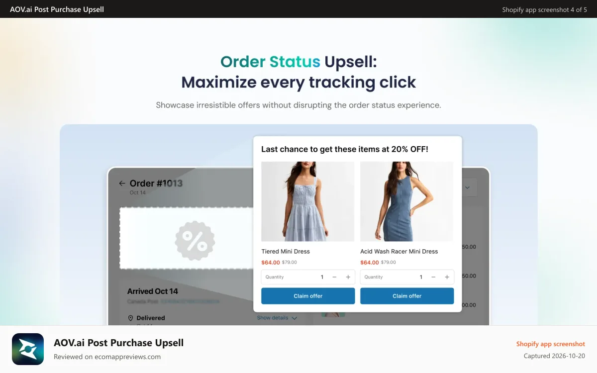 AOV.ai Post Purchase Upsell Shopify app screenshot: Order status page