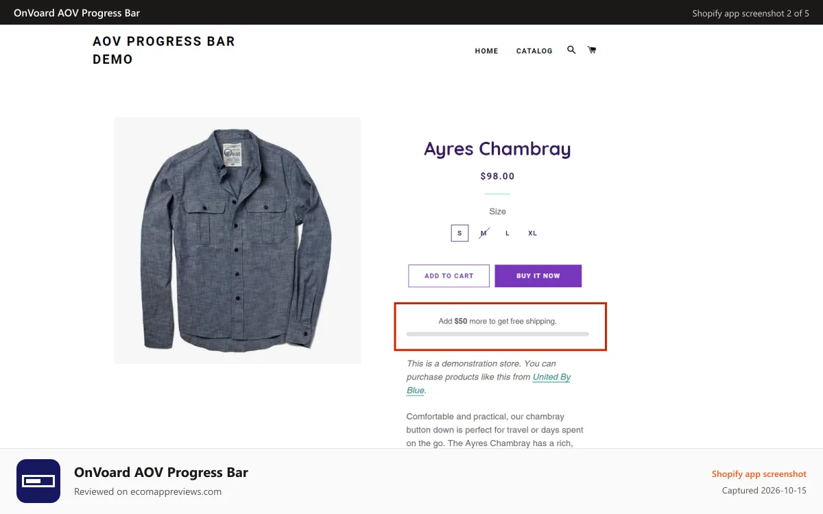 OnVoard AOV Progress Bar Shopify app screenshot: Zero Cart Items