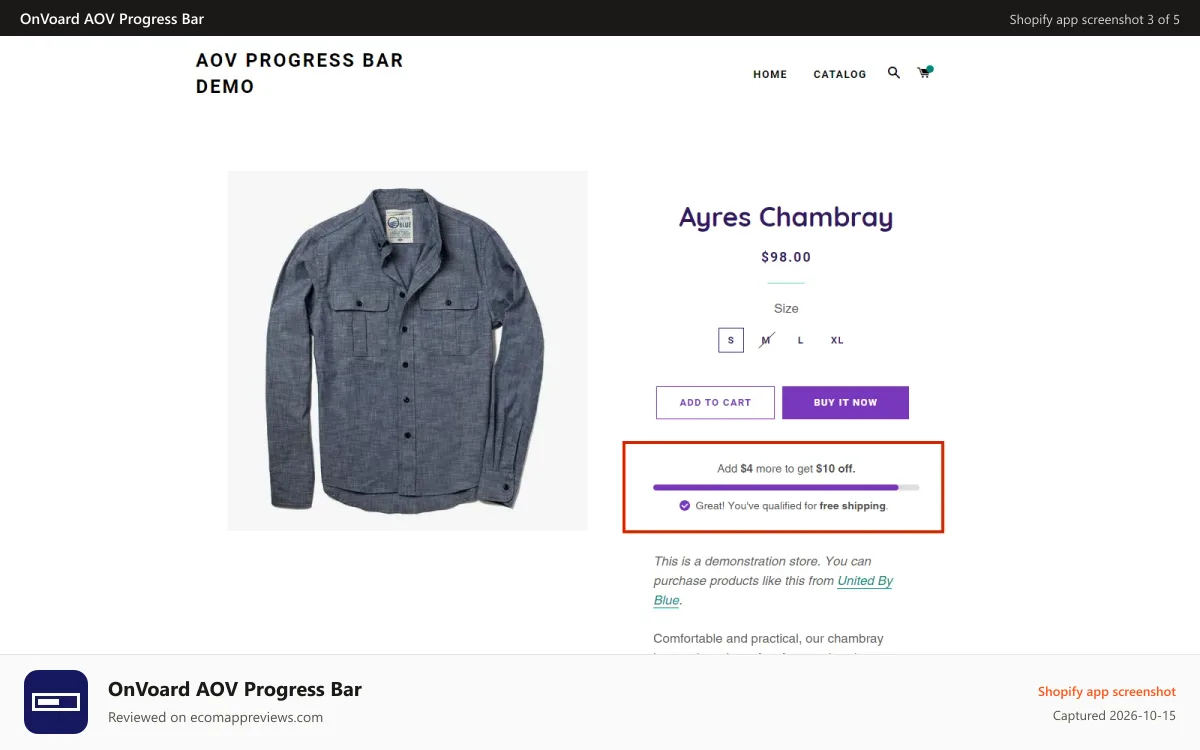OnVoard AOV Progress Bar Shopify app screenshot: Prompt to add more cart items