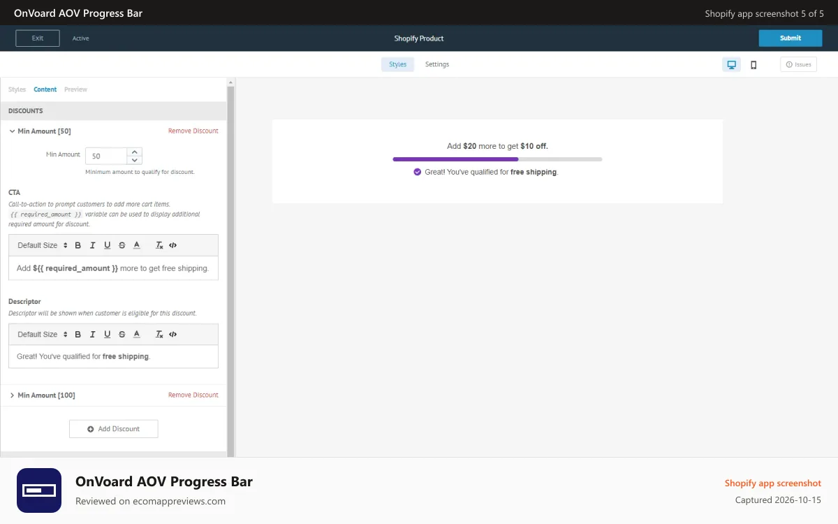 OnVoard AOV Progress Bar Shopify app screenshot: AOV Progress Bar Editor