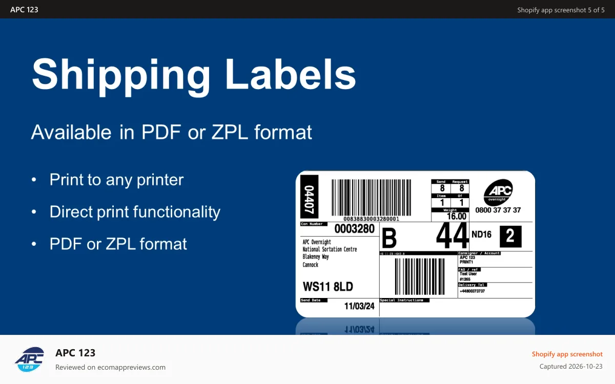 APC 123 Shopify app screenshot: APC 123 Shipping Labels