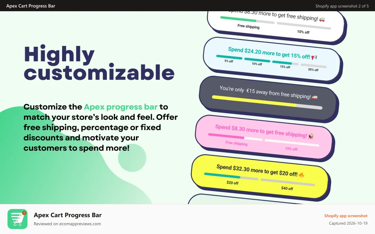 Apex Cart Progress Bar Shopify app screenshot: Apex Progress Bar is highly customizable