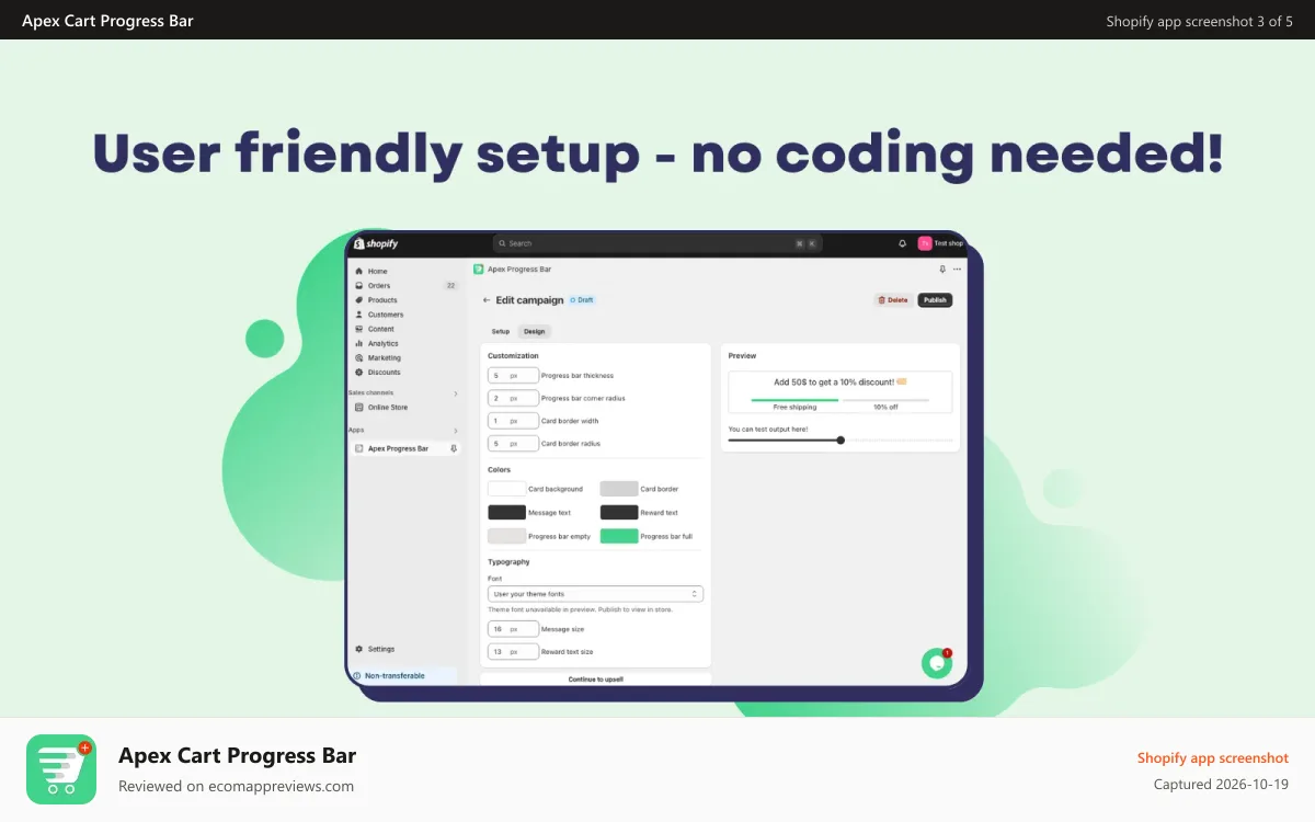Apex Cart Progress Bar Shopify app screenshot: Apex Progress Bar is easy to setup