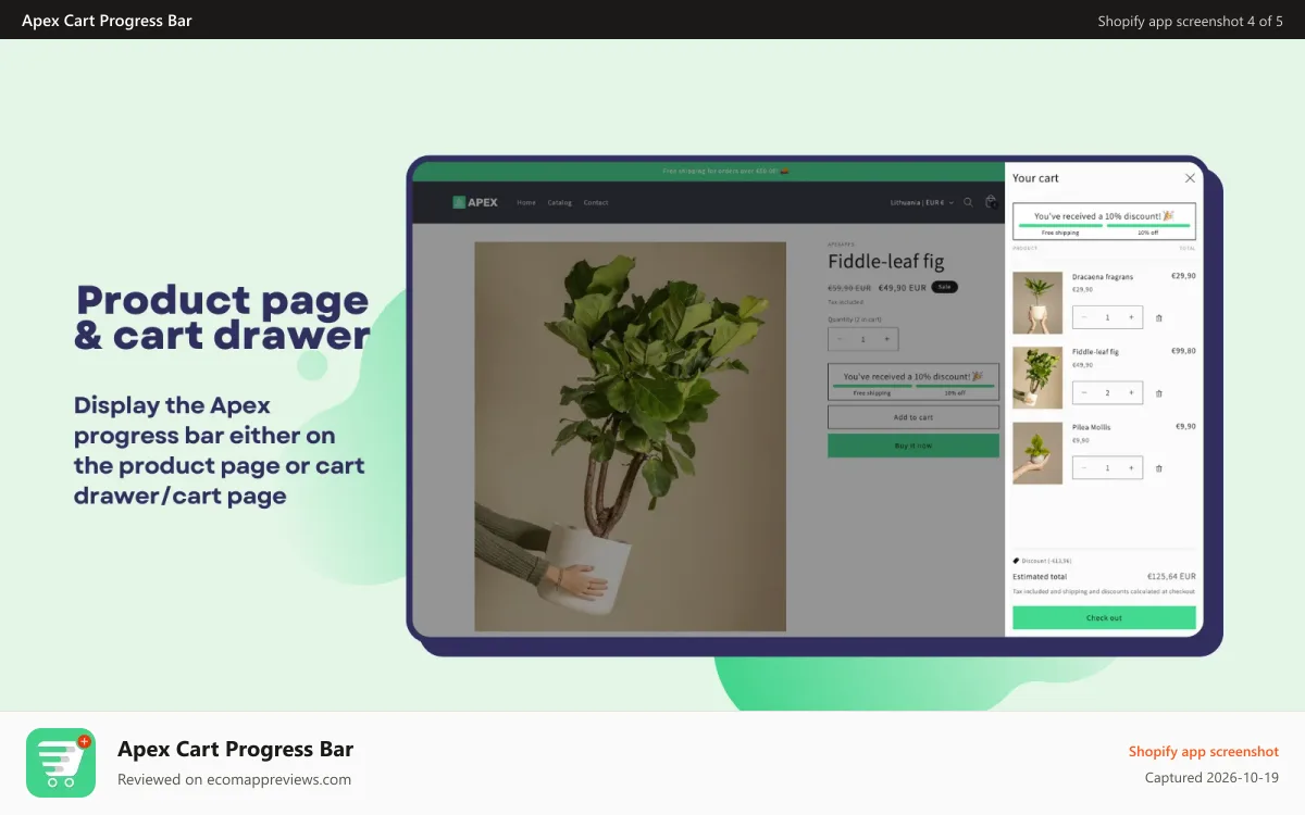 Apex Cart Progress Bar Shopify app screenshot: Apex Progress Bar product page & cart view
