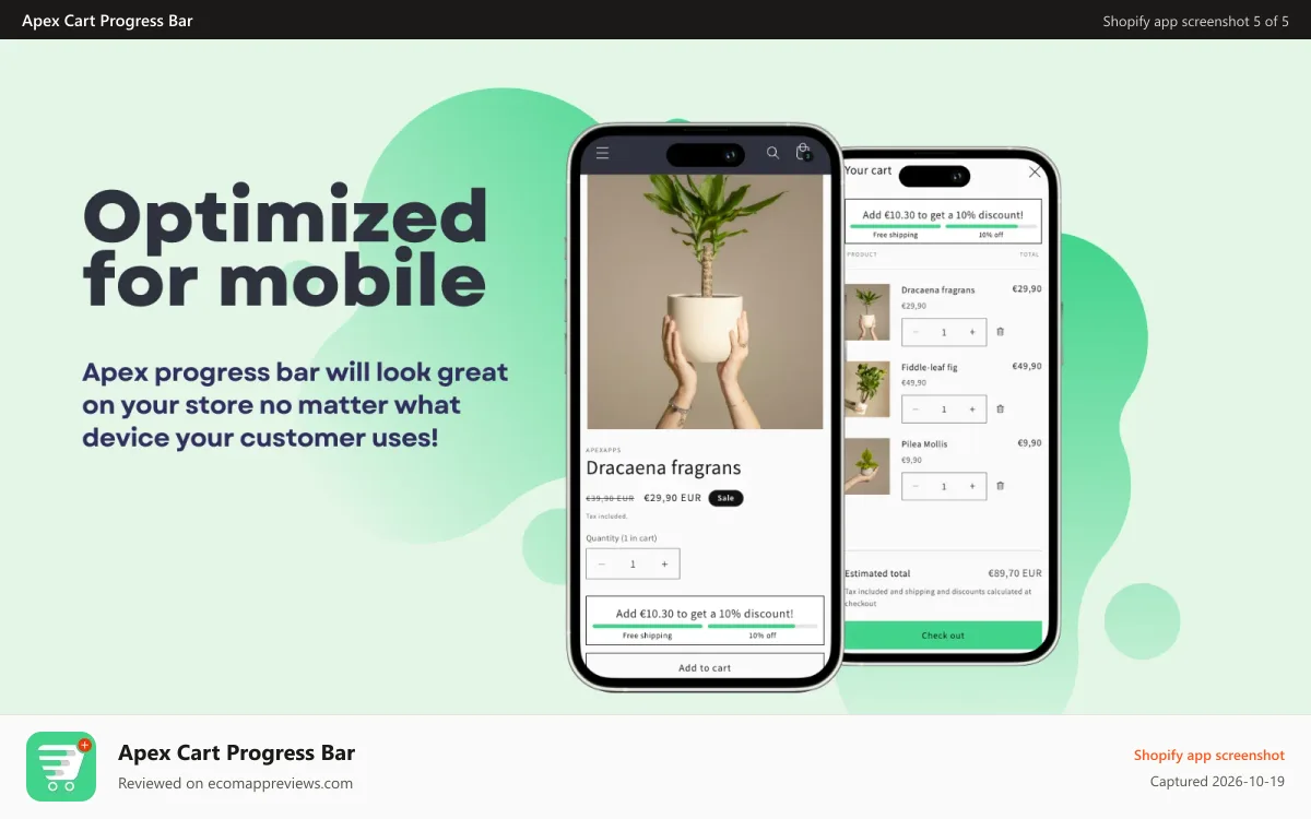 Apex Cart Progress Bar Shopify app screenshot: Apex Progress Bar is optimized for mobile devices
