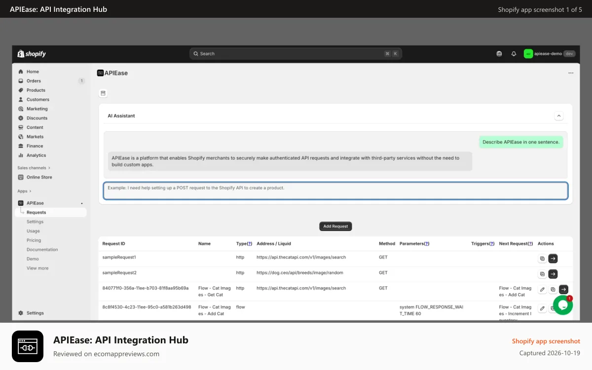 APIEase: API Integration Hub Shopify app screenshot: app