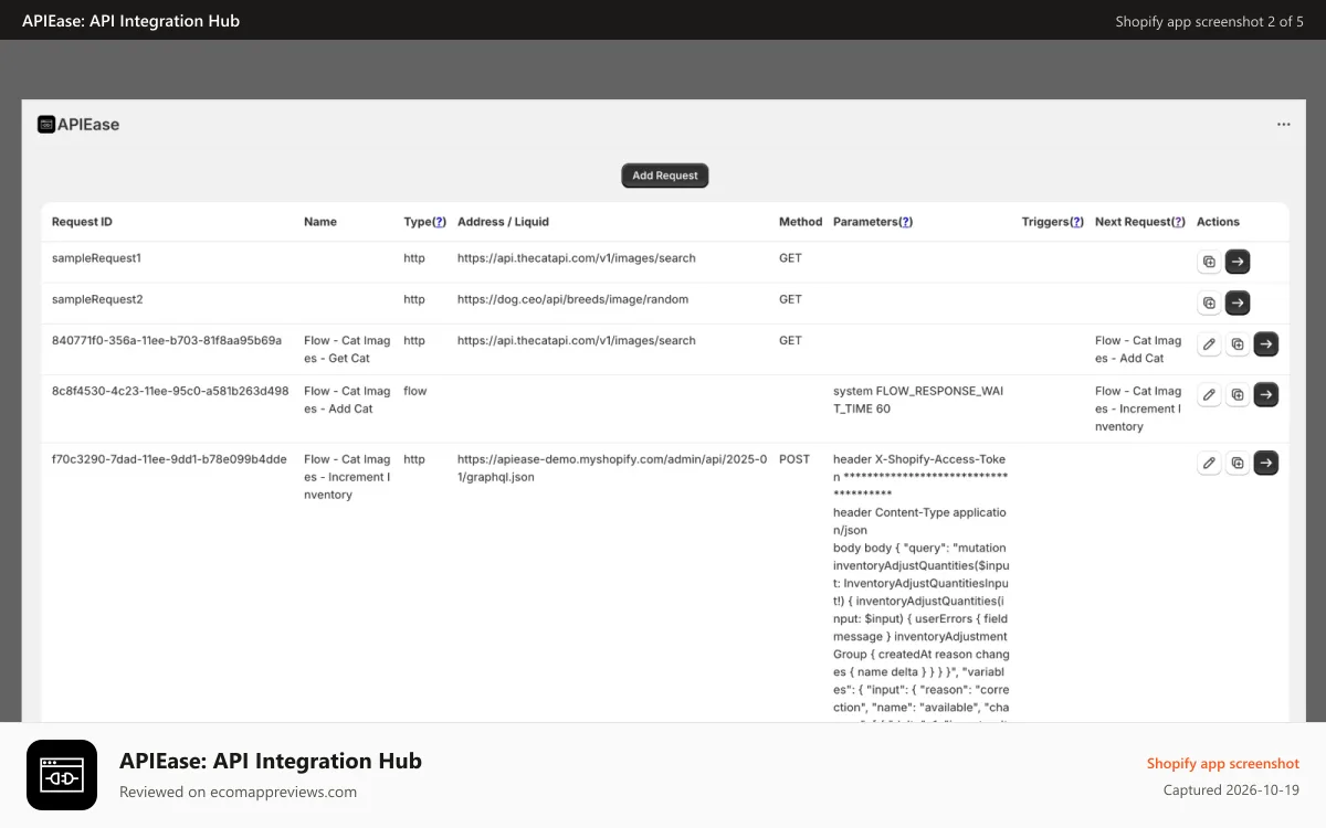 APIEase: API Integration Hub Shopify app screenshot: requests