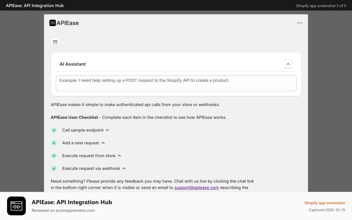 APIEase: API Integration Hub Shopify app screenshot: home checklist