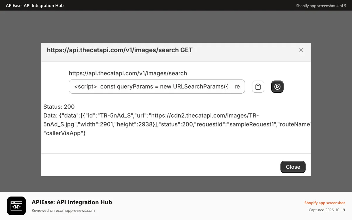 APIEase: API Integration Hub Shopify app screenshot: execute api call