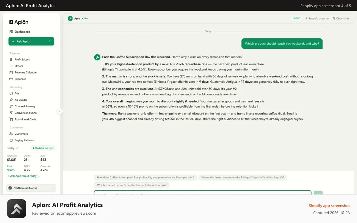 Aplon: AI Profit Analytics Shopify app screenshot: Ask Aplo about your store in plain English