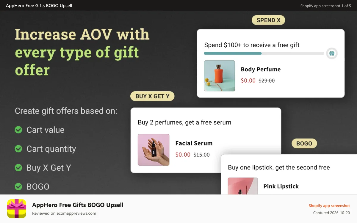 AppHero Free Gifts BOGO Upsell Shopify app screenshot: Free gifts, Buy X Get Y (BXGY), and BOGO offers by AppHero