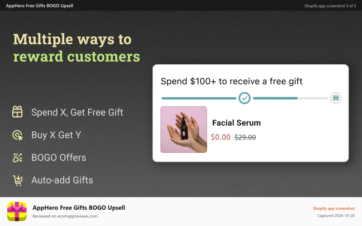 AppHero Free Gifts BOGO Upsell Shopify app screenshot: Multiple offer triggers: cart value, cart quantity, BXGY, & BOGO
