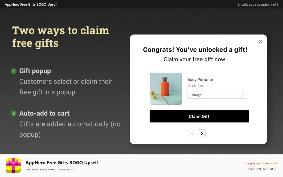 AppHero Free Gifts BOGO Upsell Shopify app screenshot: Claim the free gift in a popup, or auto-add the gift to the cart