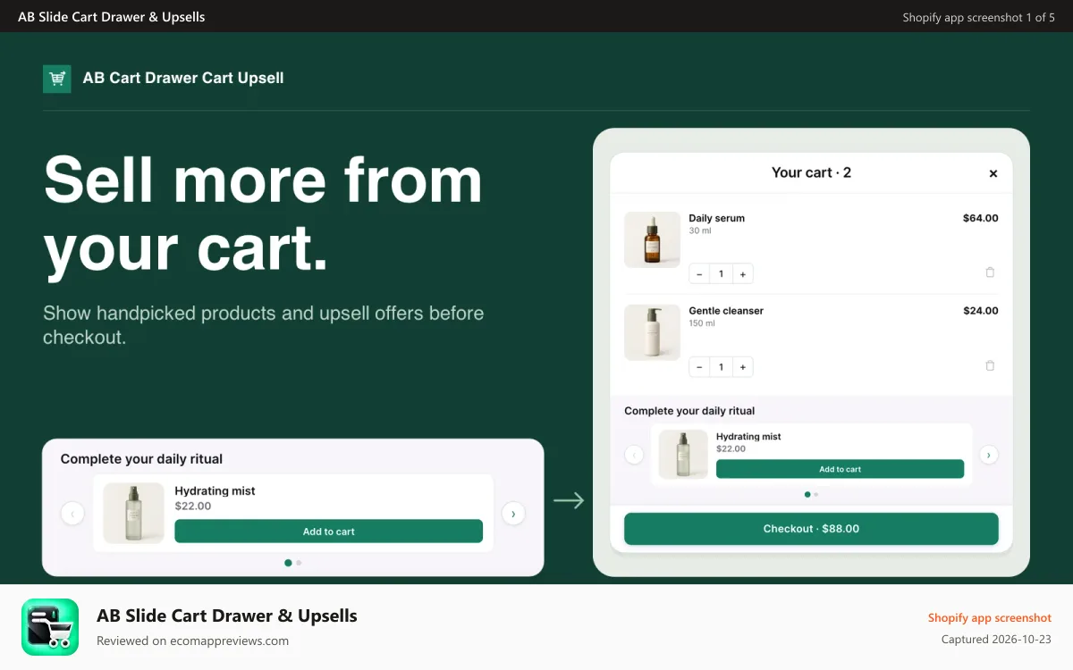 AB Slide Cart Drawer & Upsells Shopify app screenshot: Slide cart drawer showing an enlarged upsell product suggestion.