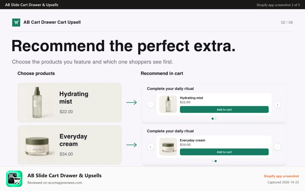 AB Slide Cart Drawer & Upsells Shopify app screenshot: Two product photos beside the in cart upsell product carousel.