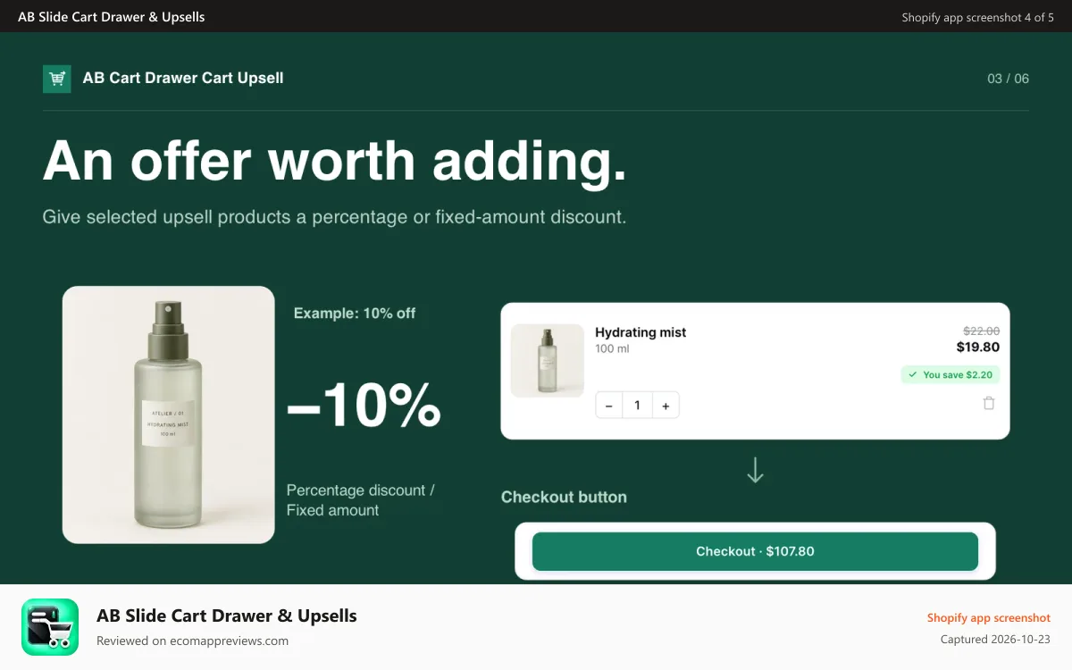 AB Slide Cart Drawer & Upsells Shopify app screenshot: Product photo, a discounted cart drawer item and the checkout.