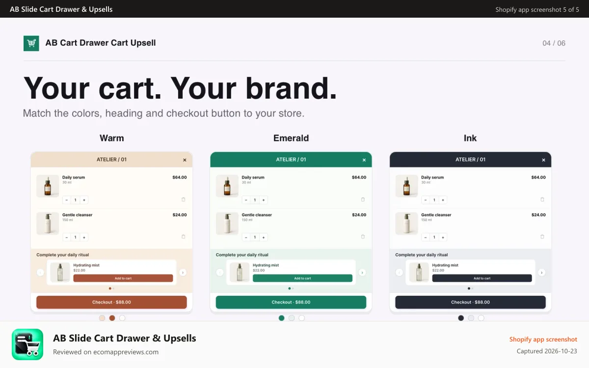 AB Slide Cart Drawer & Upsells Shopify app screenshot: Three slide cart drawers beside their matching color swatches.