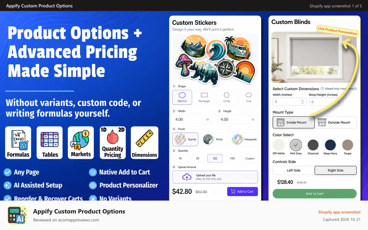 Appify Custom Product Options Shopify app screenshot: AI-built pricing calculators for complex products